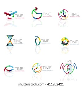 Geometric clock and time icon logo set. Thin line geometric flat style symbols or logotypes. Business time management, running time idea, timing concept