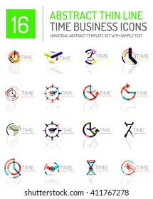 Zeichensatz für geometrische Uhr und Uhrzeit-Symbol. Symbole oder Logotypen mit dünner Linie im geometrischen Flachstil. Business Time Management, Laufzeitidee, Timing-Konzept