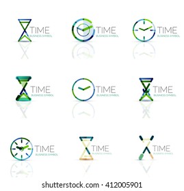 Conjunto de logotipo del icono de tiempo y reloj geométrico. Símbolos de estilo plano geométrico delgado de línea. Administración de tiempo de negocios, idea de tiempo de ejecución, concepto de tiempo de ejecución
