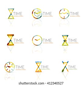 Geometric clock and time icon logo set. Thin line geometric flat style symbols or logotypes. Business time management, running time idea, timing concept