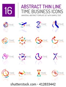 Conjunto de logotipo del icono de tiempo y reloj geométrico. Símbolos de estilo plano geométrico delgado de línea. Administración de tiempo de negocios, idea de tiempo de ejecución, concepto de tiempo de ejecución