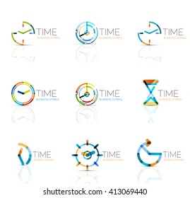 Geometric clock and time icon logo set. Thin line geometric flat style symbols or logotypes. Business time management, running time idea, timing concept