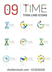 Conjunto de logotipo del icono de tiempo y reloj geométrico. Símbolos de estilo plano geométrico delgado de línea. Administración de tiempo de negocios, idea de tiempo de ejecución, concepto de tiempo de ejecución