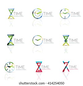 Conjunto de logotipo del icono de tiempo y reloj geométrico. Símbolos de estilo plano geométrico delgado de línea. Administración de tiempo de negocios, idea de tiempo de ejecución, concepto de tiempo de ejecución