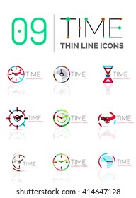 Conjunto de logotipo del icono de tiempo y reloj geométrico. Símbolos de estilo plano geométrico delgado de línea. Administración de tiempo de negocios, idea de tiempo de ejecución, concepto de tiempo de ejecución