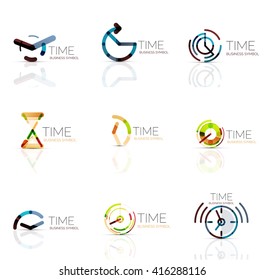 Geometric clock and time icon logo set. Thin line geometric flat style symbols or logotypes. Business time management, running time idea, timing concept