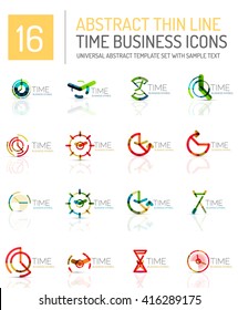 Geometric clock and time icon logo set. Thin line geometric flat style symbols or logotypes. Business time management, running time idea, timing concept