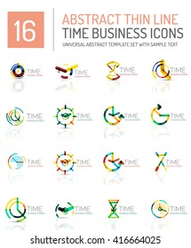Geometric clock and time icon logo set. Thin line geometric flat style symbols or logotypes. Business time management, running time idea, timing concept