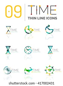Geometric clock and time icon logo set. Thin line geometric flat style symbols or logotypes. Business time management, running time idea, timing concept