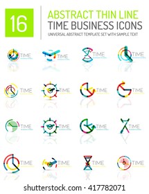 Conjunto de logotipo del icono de tiempo y reloj geométrico. Símbolos de estilo plano geométrico delgado de línea. Administración de tiempo de negocios, idea de tiempo de ejecución, concepto de tiempo de ejecución