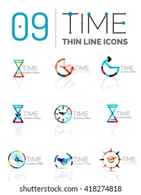 Zeichensatz für geometrische Uhr und Uhrzeit-Symbol. Symbole oder Logotypen mit dünner Linie im geometrischen Flachstil. Business Time Management, Laufzeitidee, Timing-Konzept