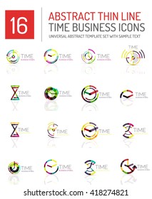 Conjunto de logotipo del icono de tiempo y reloj geométrico. Símbolos de estilo plano geométrico delgado de línea. Administración de tiempo de negocios, idea de tiempo de ejecución, concepto de tiempo de ejecución
