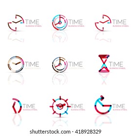 Zeichensatz für geometrische Uhr und Uhrzeit-Symbol. Symbole oder Logotypen mit dünner Linie im geometrischen Flachstil. Business Time Management, Laufzeitidee, Timing-Konzept