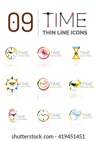 Conjunto de logotipo del icono de tiempo y reloj geométrico. Símbolos de estilo plano geométrico delgado de línea. Administración de tiempo de negocios, idea de tiempo de ejecución, concepto de tiempo de ejecución