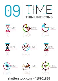 Conjunto de logotipo del icono de tiempo y reloj geométrico. Símbolos de estilo plano geométrico delgado de línea. Administración de tiempo de negocios, idea de tiempo de ejecución, concepto de tiempo de ejecución