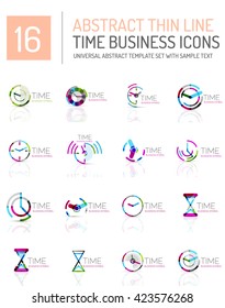 Geometric clock and time icon logo set. Thin line geometric flat style symbols or logotypes. Business time management, running time idea, timing concept