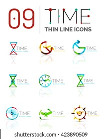 Geometric clock and time icon logo set. Thin line geometric flat style symbols or logotypes. Business time management, running time idea, timing concept