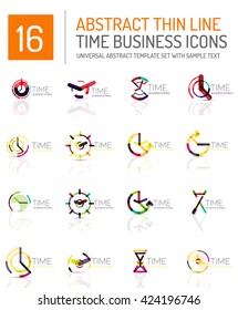Geometric clock and time icon logo set. Thin line geometric flat style symbols or logotypes. Business time management, running time idea, timing concept
