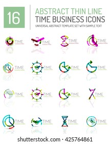 Geometric clock and time icon logo set. Thin line geometric flat style symbols or logotypes. Business time management, running time idea, timing concept