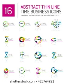 Conjunto de logotipo del icono de tiempo y reloj geométrico. Símbolos de estilo plano geométrico delgado de línea. Administración de tiempo de negocios, idea de tiempo de ejecución, concepto de tiempo de ejecución
