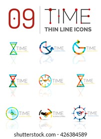 Zeichensatz für geometrische Uhr und Uhrzeit-Symbol. Symbole oder Logotypen mit dünner Linie im geometrischen Flachstil. Business Time Management, Laufzeitidee, Timing-Konzept