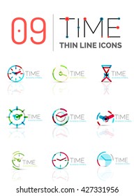 Conjunto de logotipo del icono de tiempo y reloj geométrico. Símbolos de estilo plano geométrico delgado de línea. Administración de tiempo de negocios, idea de tiempo de ejecución, concepto de tiempo de ejecución