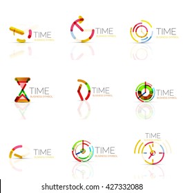 Geometric clock and time icon logo set. Thin line geometric flat style symbols or logotypes. Business time management, running time idea, timing concept