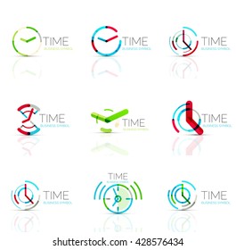 Geometric clock and time icon logo set. Thin line geometric flat style symbols or logotypes. Business time management, running time idea, timing concept
