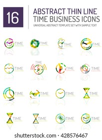 Geometric clock and time icon logo set. Thin line geometric flat style symbols or logotypes. Business time management, running time idea, timing concept