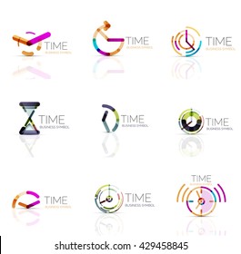 Geometric clock and time icon logo set. Thin line geometric flat style symbols or logotypes. Business time management, running time idea, timing concept