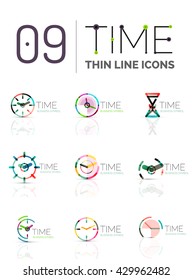 Conjunto de logotipo del icono de tiempo y reloj geométrico. Símbolos de estilo plano geométrico delgado de línea. Administración de tiempo de negocios, idea de tiempo de ejecución, concepto de tiempo de ejecución