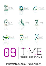Conjunto de logotipo del icono de tiempo y reloj geométrico. Símbolos de estilo plano geométrico delgado de línea. Administración de tiempo de negocios, idea de tiempo de ejecución, concepto de tiempo de ejecución