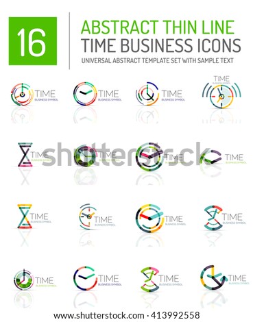 Geometric clock and time icon logo set. Thin line geometric flat style symbols or logotypes. Business time management, running time idea, timing concept