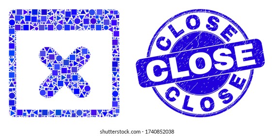 Geometric close application window mosaic pictogram and Close seal stamp. Blue vector round textured seal stamp with Close message. Abstract concept of close application window done of spheric,
