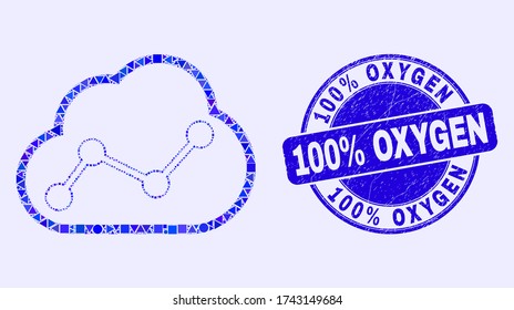 Geometric cloud chart mosaic icon and 100% Oxygen seal. Blue vector rounded grunge seal stamp with 100% Oxygen title. Abstract mosaic of cloud chart done of sphere, triangles, square geometric spots.