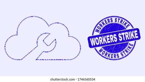 Geometric cloud wrench mosaic icon and Workers Strike stamp. Blue vector rounded grunge stamp with Workers Strike text. Abstract mosaic of cloud wrench organized of spheric, tringle,