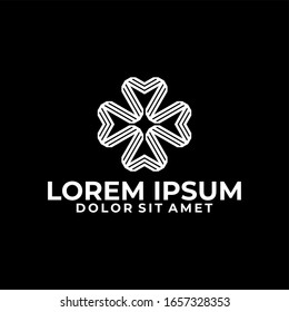 Plantilla de logotipo de trébol geométrico con símbolo de arte de línea transversal de cuatro estrellas en una ilustración monográfica de diseño plano