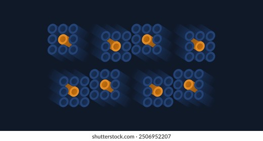 Geometric Cluster of Tubular Shapes:  Blocks of Many Blue Tubes with Central Orange Accents on a Dark Background