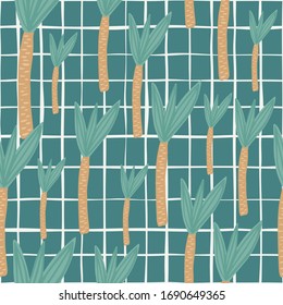 Geometric coconut palm tree backdrop. Doodle tropical palm tree seamless pattern on green background. Simple vector illustration. Design for fabric, textile print, wrapping paper, childish textiles.