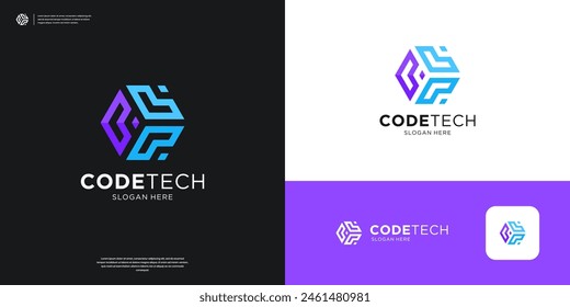 Geometric coding programing logo design template.
