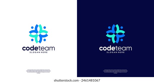 Geometric coding with team work symbol logo design template.