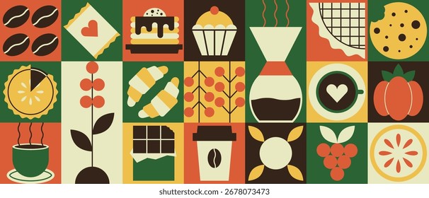 Fundo geométrico do café. Padrão abstrato de café grãos de padaria bebe formas simples, design de capa de pacote de alimentos, conceito de menu de café. Banner mínimo do vetor.