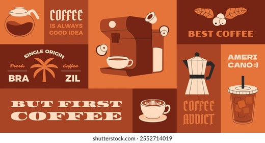 Geometric coffee elements. Vintage hipster coffee banners, stickers, bento design, Y2k flat organic style.