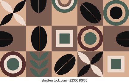 Geometric coffee pattern design. Abstract seamless geometric drawing. Seamless pattern with decorative geometric and abstract elements. Vector colorful background of the tiles.  