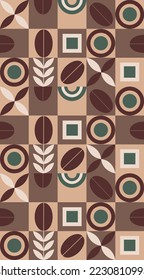 Geometric coffee pattern design. Abstract seamless geometric drawing. Seamless pattern with decorative geometric and abstract elements. Vector colorful background of the tiles.  