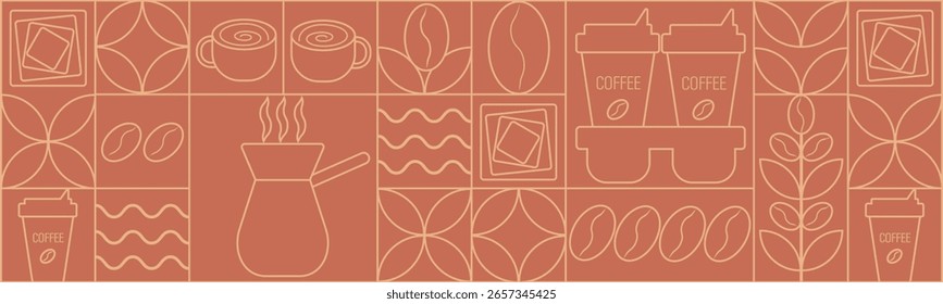 Geometric coffee pattern in minimalist Bauhaus style. Geometric line drawing. Abstract print background with simple shapes for coffee shop, food packaging, cafe wall, menu.