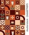Geometric coffee pattern in minimalist style. Abstract print background with simple shapes for coffee shop, food packaging, cafe wall, menu. Coffee-themed block illustration with coffee beans, cups an