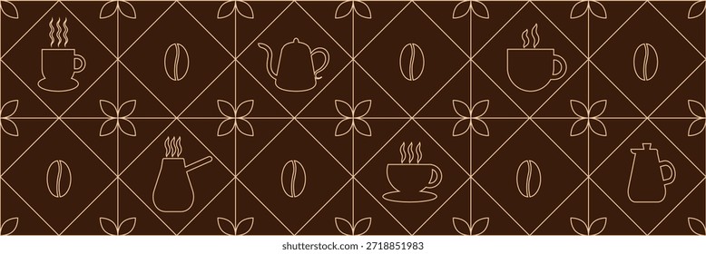 Patrón de café geométrico en estilo minimalista. Dibujo de línea geométrica. Fondo de impresión Abstractas con Formas simples para cafetería, empaquetado de alimentos, pared de la cafetería, menú.
