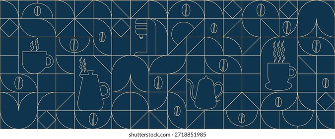 Patrón de café geométrico en estilo minimalista. Dibujo de línea geométrica. Fondo de impresión Abstractas con Formas simples para cafetería, empaquetado de alimentos, pared de la cafetería, menú.