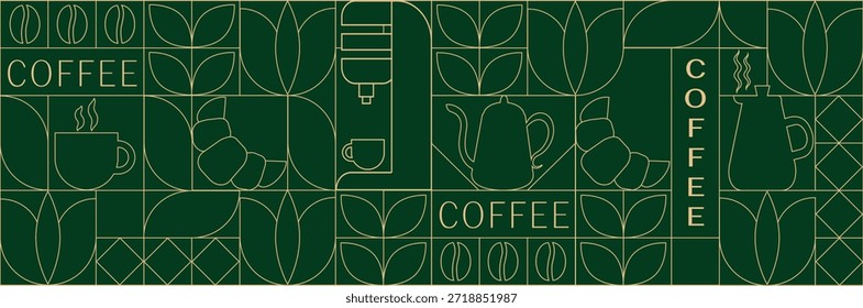 Patrón de café geométrico en estilo minimalista. Dibujo de línea geométrica. Fondo de impresión Abstractas con Formas simples para cafetería, empaquetado de alimentos, pared de la cafetería, menú.